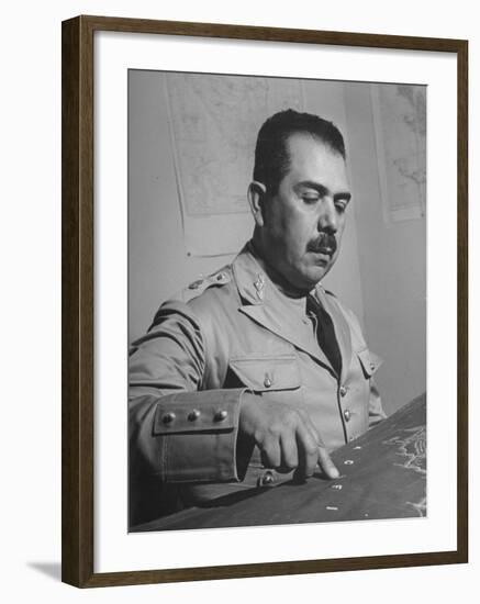 General Lazaro Cardenas, Pointing to a Map as His Continues to Work on a Stradegy-Peter Stackpole-Framed Photographic Print