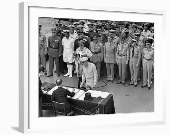 General MacArthur Watching Japanese Official Mamoru Shigemitsu Officially Surrender, USS Missouri-J^ R^ Eyerman-Framed Premium Photographic Print