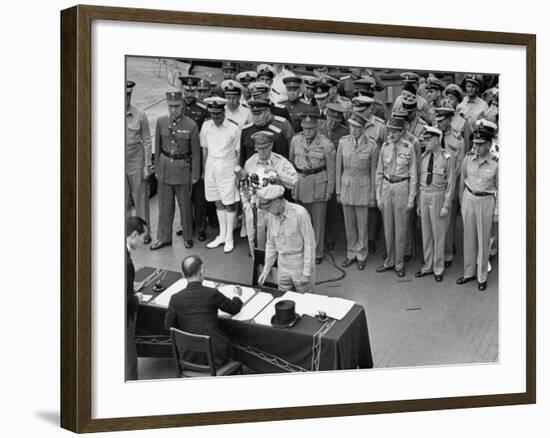 General MacArthur Watching Japanese Official Mamoru Shigemitsu Officially Surrender, USS Missouri-J^ R^ Eyerman-Framed Premium Photographic Print