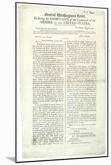 General Washington's Letter Declaring His Acceptance of the Command, 18 July 1798-null-Mounted Giclee Print