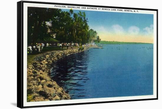 Geneva, New York - Seneca Lake Park View of Shoreline, Pavilion, and Swimmers-Lantern Press-Framed Stretched Canvas
