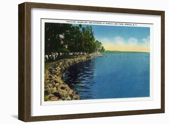 Geneva, New York - Seneca Lake Park View of Shoreline, Pavilion, and Swimmers-Lantern Press-Framed Art Print