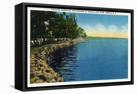 Geneva, New York - Seneca Lake Park View of Shoreline, Pavilion, and Swimmers-Lantern Press-Framed Stretched Canvas