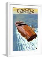 Geneva, New York - Wooden Boat on Lake-Lantern Press-Framed Art Print