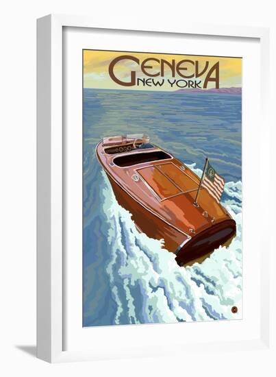 Geneva, New York - Wooden Boat on Lake-Lantern Press-Framed Art Print