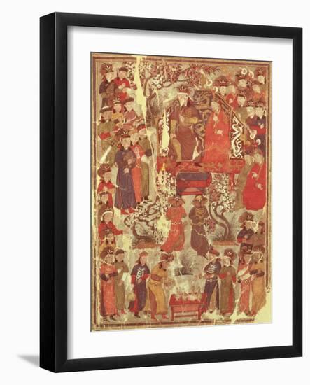 Genghis Khan and His Wife Bortei Enthroned Before Courtiers, by Rashid Ad-Din (1247-1318)-null-Framed Giclee Print