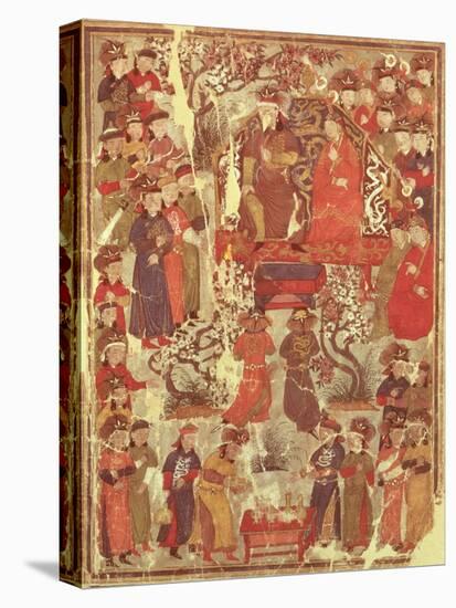 Genghis Khan and His Wife Bortei Enthroned Before Courtiers, by Rashid Ad-Din (1247-1318)-null-Stretched Canvas