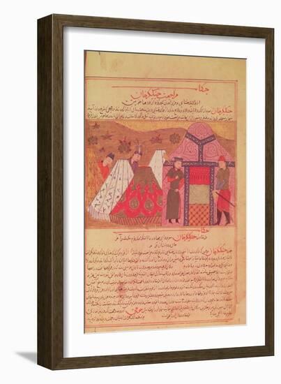 Genghis Khan Outside His Tent, from a Book by Rashid Ad-Din (1247-1318)-null-Framed Giclee Print