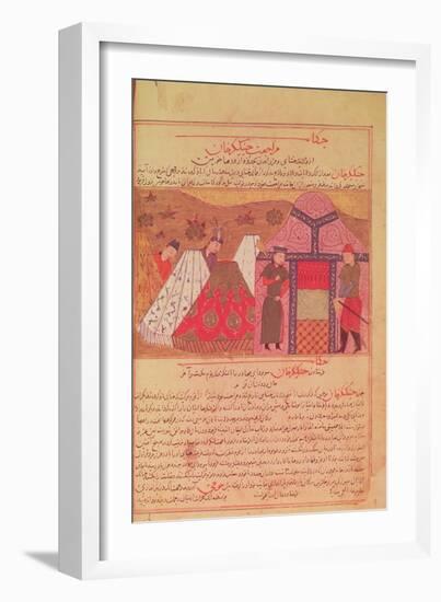 Genghis Khan Outside His Tent, from a Book by Rashid Ad-Din (1247-1318)-null-Framed Giclee Print