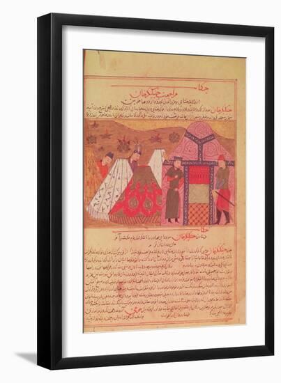 Genghis Khan Outside His Tent, from a Book by Rashid Ad-Din (1247-1318)-null-Framed Premium Giclee Print