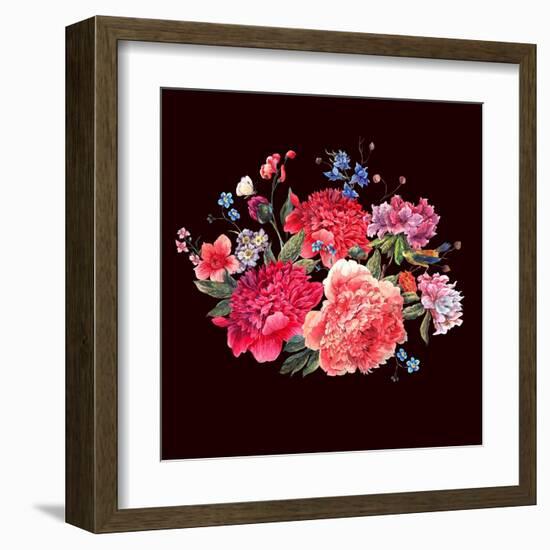 Gentle Decoration Vintage Floral Greeting Card with Blooming Red Peonies Bird and Wild Flowers Wate-Varvara Kurakina-Framed Art Print