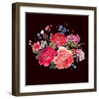 Gentle Decoration Vintage Floral Greeting Card with Blooming Red Peonies Bird and Wild Flowers Wate-Varvara Kurakina-Framed Art Print