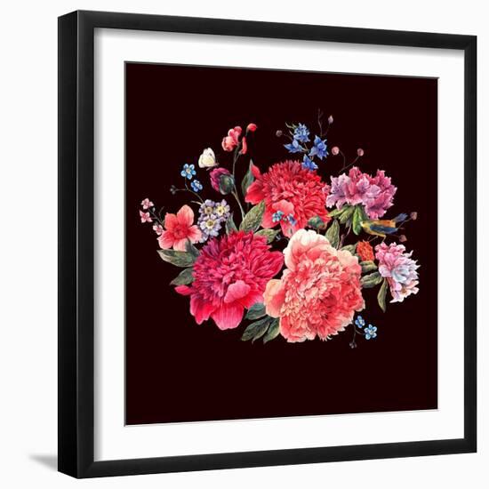 Gentle Decoration Vintage Floral Greeting Card with Blooming Red Peonies Bird and Wild Flowers Wate-Varvara Kurakina-Framed Art Print