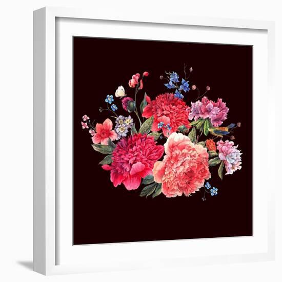 Gentle Decoration Vintage Floral Greeting Card with Blooming Red Peonies Bird and Wild Flowers Wate-Varvara Kurakina-Framed Art Print
