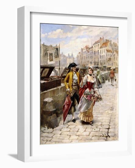 Gentleman and Flower Girl near Book Stalls by the Seine-Henri Victor Lesur-Framed Giclee Print