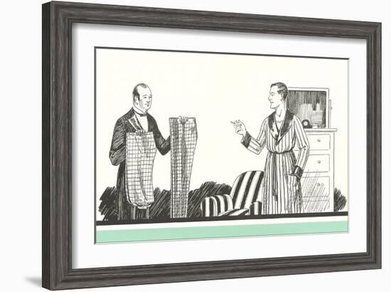 Gentleman and Valet Choosing Pants-null-Framed Art Print