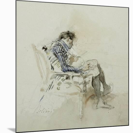 Gentleman Seated in Armchair Reading Book and Smoking Pipe, 19th Century-Giovanni Boldini-Mounted Giclee Print