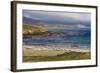 Gentoo Penguins (Pygoscelis Papua) on Beach with Mountains Shrouded in Low Cloud-Eleanor Scriven-Framed Photographic Print