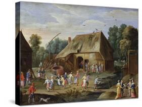 Gentry at a Peasant Dance in a Farmyard-Jan van Kessel-Stretched Canvas