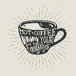 Hand-Drawn Cup of Coffee Silhouette with Lettering and Sunburst. Creative Vector Illustration. Typo-Genzi-Art Print