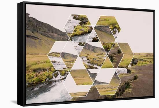 Geometric Mountain Landscape with River and Green Hills-Paolo De Gasperis-Framed Stretched Canvas