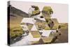 Geometric Mountain Landscape with River and Green Hills-Paolo De Gasperis-Stretched Canvas