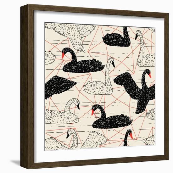 Geometric Pattern with Floating White Swans-incomible-Framed Art Print