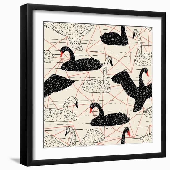 Geometric Pattern with Floating White Swans-incomible-Framed Art Print