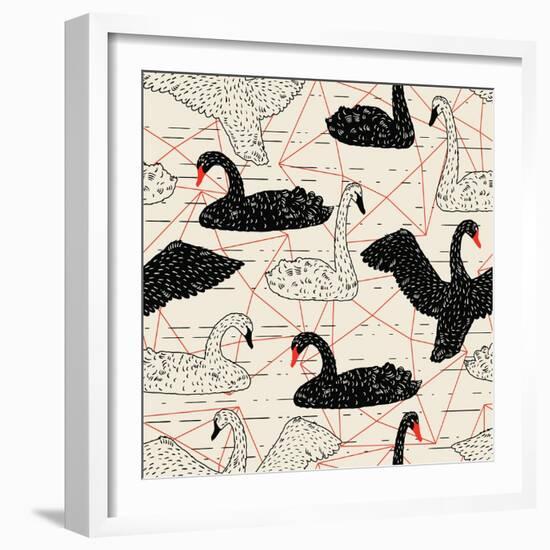 Geometric Pattern with Floating White Swans-incomible-Framed Art Print