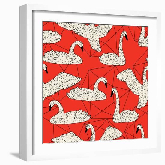 Geometric Pattern with Floating White Swans-incomible-Framed Art Print