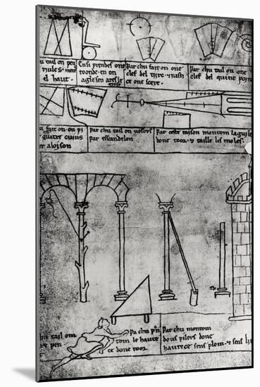 Geometrical Figures for Construction, Arches and Man Measuring the Height of a Tower-Villard de Honnecourt-Mounted Giclee Print