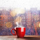 Steaming Cup of Coffee over a Cityscape Background-George D.-Mounted Photographic Print