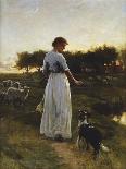 A Shepherdess with her Dog and Flock in a Moonlit Meadow-George Faulkener Wetherbee-Framed Stretched Canvas