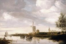 A River Landscape with Barges and Sailboats and a Church Beyond-George Henry Clements-Stretched Canvas