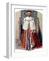 George VI in Coronation Robes: the Crimson Robe of State, with the Cap of Maintenance, 1937-Fortunino Matania-Framed Giclee Print