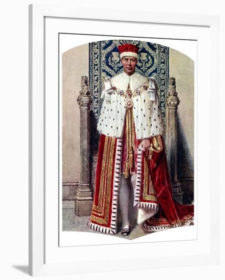 George VI in Coronation Robes: the Crimson Robe of State, with the Cap of Maintenance, 1937-Fortunino Matania-Framed Giclee Print