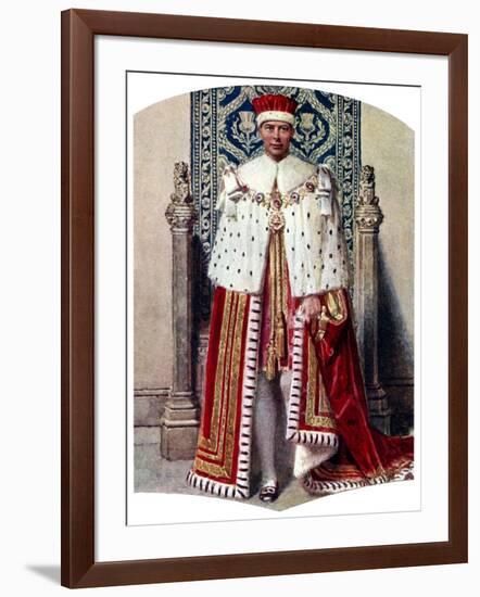 George VI in Coronation Robes: the Crimson Robe of State, with the Cap of Maintenance, 1937-Fortunino Matania-Framed Giclee Print