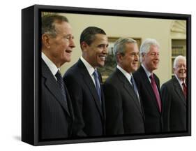 George W. Bush with Barack Obama and Former Presidents Bush, Clinton and Carter in Oval Office-null-Framed Stretched Canvas