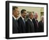 George W. Bush with Barack Obama and Former Presidents Bush, Clinton and Carter in Oval Office-null-Framed Premium Photographic Print