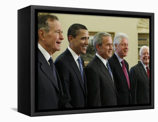 George W. Bush with Barack Obama and Former Presidents Bush, Clinton and Carter in Oval Office-null-Framed Stretched Canvas