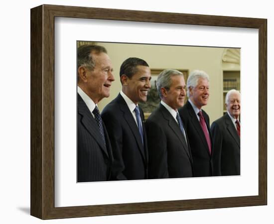 George W. Bush with Barack Obama and Former Presidents Bush, Clinton and Carter in Oval Office-null-Framed Photographic Print