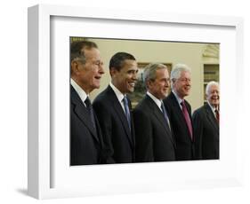 George W. Bush with Barack Obama and Former Presidents Bush, Clinton and Carter in Oval Office-null-Framed Photographic Print