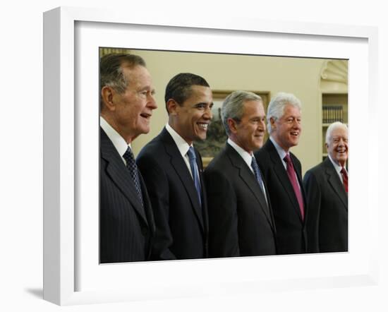 George W. Bush with Barack Obama and Former Presidents Bush, Clinton and Carter in Oval Office-null-Framed Photographic Print