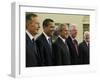 George W. Bush with Barack Obama and Former Presidents Bush, Clinton and Carter in Oval Office-null-Framed Photographic Print