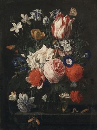 A Rose, a Tulip, Morning Glory, and Other Flowers in a Glass Vase on a Stone Ledge, 1671
