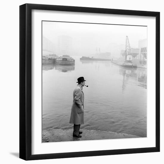 Georges Simenon Smoking a Pipe by the Navigli in Milan-null-Framed Photographic Print