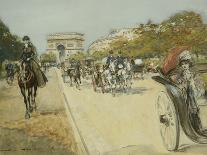 Riders and Coaches on Bois De Boulogne Avenue in Paris with the Arc De Triomphe in the Background-Georges Stein-Giclee Print