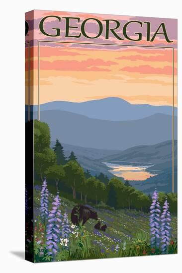 Georgia - Bears and Spring Flowers-Lantern Press-Stretched Canvas