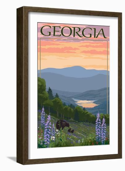 Georgia - Bears and Spring Flowers-Lantern Press-Framed Art Print