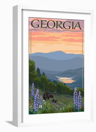 Georgia - Bears and Spring Flowers-Lantern Press-Framed Art Print